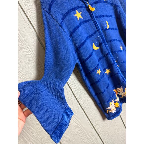 Vintage 90s Celestial Angel Cardigan Sweater Zip Front Stars Moon Large - Picture 2 of 7